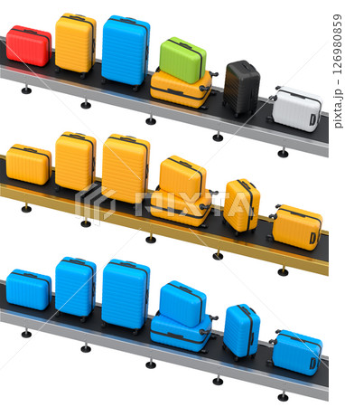 Set of Airport luggage conveyor belt or manufacture line with baggage on white. Set of Airport luggage conveyor belt or manufacture line with baggage on white. 126980859