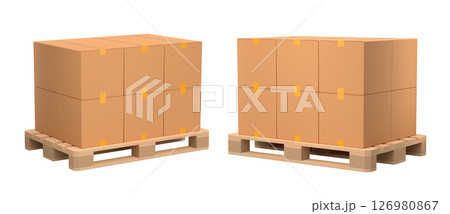 Set of wooden pallet for warehouse cargo storage with cardboard boxes on white 126980867