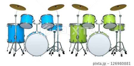 Set of realistic drums with metal cymbals or drumset on white background Set of realistic drums with metal cymbals or drumset on white background 126980881
