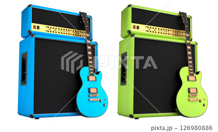 Set of amplifier with acoustic guitar isolated on white background. 126980886