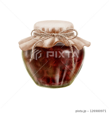 Cherry jam in round low glass jar with fabric vintage lid and twine bow as a symbol of summer harvest of rural coziness. Watercolor illustration on transparent background Cherry jam in round low glass jar with fabric vintage lid and twine bow as a symbol of summer harvest of rural coziness. Watercolor illustration on transparent background 126980971