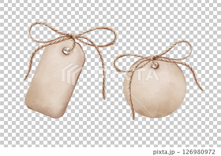 Vintage beige tags in round and rectangular shapes with rounded edges with holes and tie bows of their twine rope with blank space for your imprint. Hand drawn watercolor illustration Vintage beige tags in round and rectangular shapes with rounded edges with holes and tie bows of their twine rope with blank space for your imprint. Hand drawn watercolor illustration 126980972