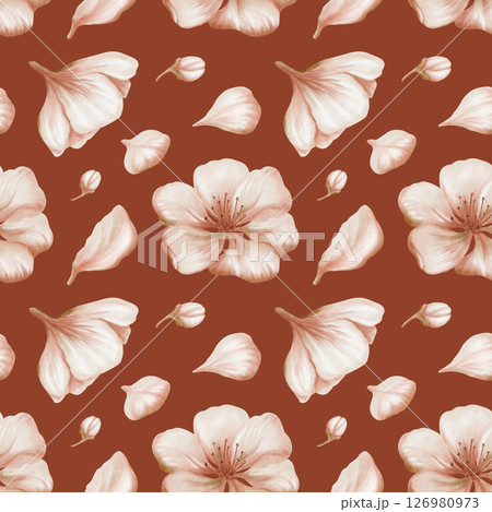 Cherry blossoms and delicate buds,petals in seamless pattern on red brown background. Soft watercolor floral illustration for spring wedding decor, botanical branding or romantic stationery design Cherry blossoms and delicate buds,petals in seamless pattern on red brown background. Soft watercolor floral illustration for spring wedding decor, botanical branding or romantic stationery design 126980973