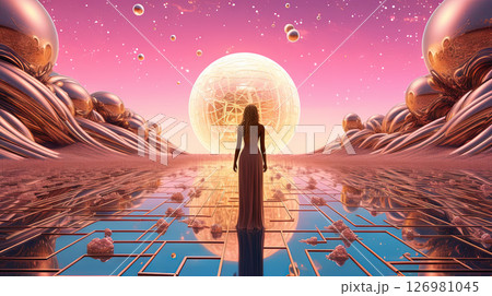 Surreal vaporwave scene with golden ball on the landscape with mountains and sea. 90s styled abstract surreal pink composition. Generated AI. Surreal vaporwave scene with golden ball on the landscape with mountains and sea. 90s styled abstract surreal pink composition. Generated AI. 126981045