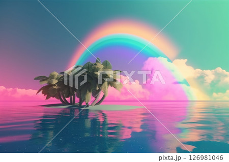 Palm trees and rainbow 80s landscape in vaporwave style. Retrowave vacation background with tropical sunset and palms. Generated AI. Palm trees and rainbow 80s landscape in vaporwave style. Retrowave vacation background with tropical sunset and palms. Generated AI. 126981046