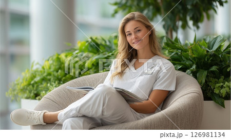 Cheerful nurse resting in hospital lobby, wearing crisp white uniform, reading magazine amid lush greenery 126981134