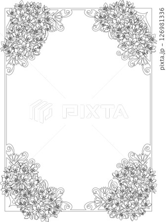 ビンテージカリグラフィー風フレーム素材127＜花（アリウムコワニー）飾り罫・飾り枠・モノクロ線画＞ 126981336