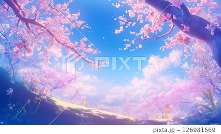 桜と桜の木の幹の風景、アニメ風 126981669