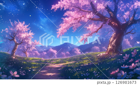 山の小道と夜桜の風景、アニメ風 126981673