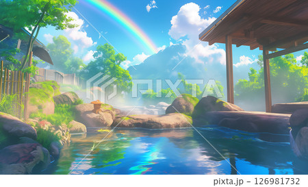虹が出ている山の温泉の風景、アニメ風 126981732