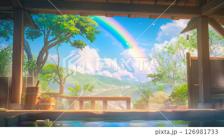 虹が見える温泉の風景、アニメ風 126981733