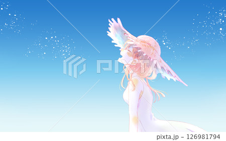 麦わら帽子を被った楽しそうな女性　横長 126981794