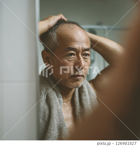 中年男性がバスルームで自身を見つめる様子 126981827