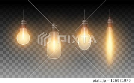 Set of vector, hanging glowing lamps of different shapes, isolated transparent dark background. Set of vector, hanging glowing lamps of different shapes, isolated transparent dark background. 126981979