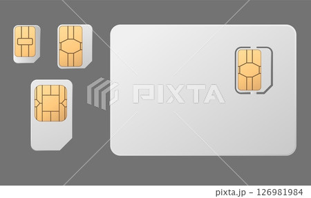 Sim cards different sizes with microchip 3D vector set, GSM wireless equipment, smartphone subscriber identity module 126981984