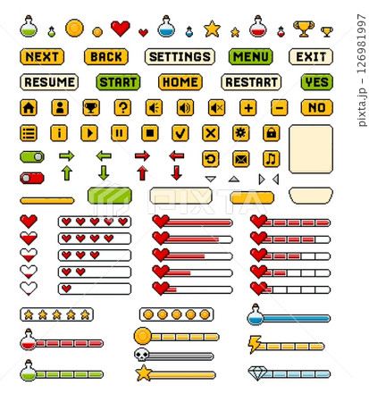 Vector illustration of a set of pixel icons for game interface. 126981997
