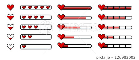 Progress bar game menu with heart symbol pixel art vector set, retro 8 bit level scales, life, energy or health scores 126982002