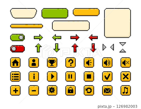 Set of vector buttons, frames for ui game design user interface pixel art, keyboard items for menu, settings and options Set of vector buttons, frames for ui game design user interface pixel art, keyboard items for menu, settings and options 126982003
