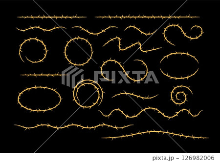 Barbwire, thorny frames different shapes vector set, rusty wreath, barb line silhouettes, round and curly sharp stems 126982006