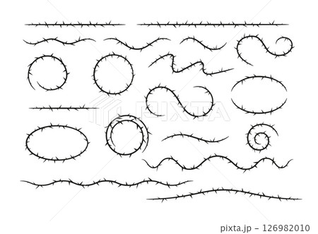 Barbwire, thorny frames different shapes vector set, wreath, barb line silhouettes, round curly and wavy sharp torn stem 126982010