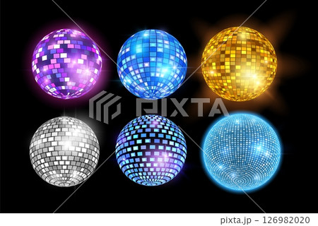 Glowing disco balls vector set, shiny hanging mirror spheres different colors, retro music dance club, party decoration 126982020