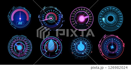Car speedometer high tech scale dashboard vector set, digital speed gauge, accelerate measure indicator, progress bar 126982024