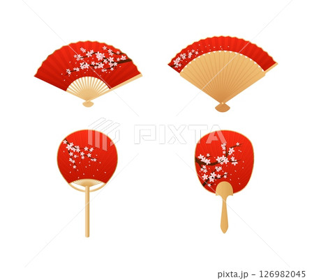 Vintage Japanese and Chinese hand fan decorated Sakura flowers flat icon vector set, open bamboo and red paper accessory 126982045