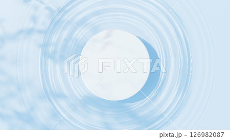 水面に浮かぶ白い円柱の台座。波紋。木の葉の影。俯瞰。3D（横長） 126982087