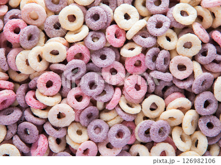Macro shot of fruit circles cereal breakfast textured background with blueberry,banana Macro shot of fruit circles cereal breakfast textured background with blueberry,banana 126982106