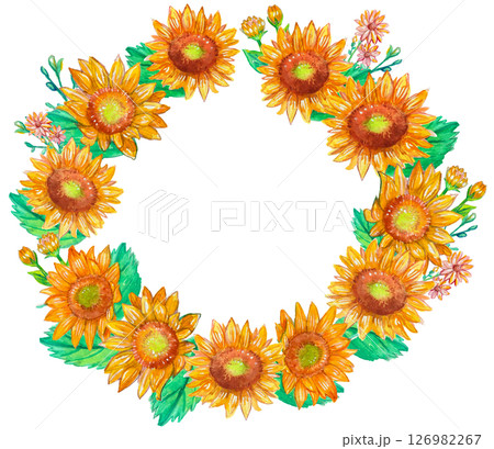 水彩で描いたカラフルなひまわりの丸いフレーム 126982267