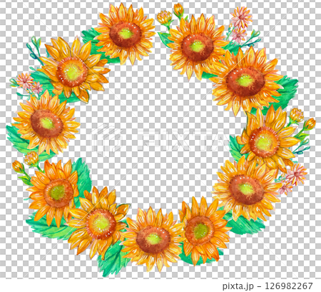 用水彩畫的彩色向日葵的圓形框架 用水彩畫的彩色向日葵的圓形框架 126982267