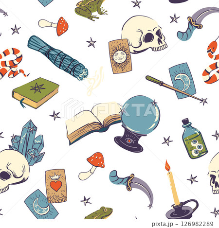 Seamless vector pattern for Halloween. Various items for witchcraft, fortune telling and occultism. Crystal ball, skull, ritual knife, magic wand, tarot cards, snake and grimoire with spells. 126982289