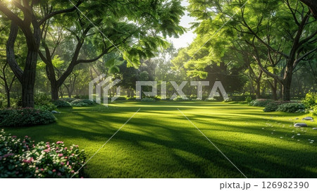 綺麗な芝生の公園 126982390