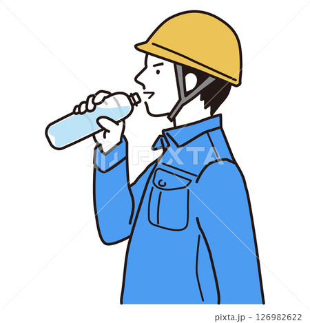 熱中症対策でペットボトルの水を飲む作業服の男性　シンプルなイラスト 126982622