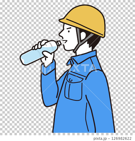 熱中症対策でペットボトルの水を飲む作業服の男性　シンプルなイラスト 126982622