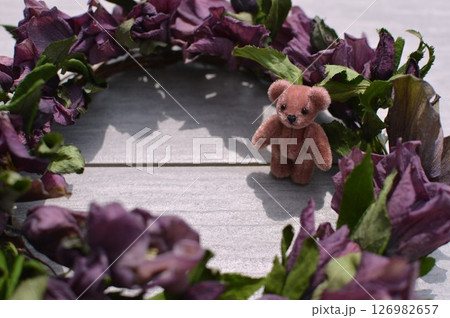 クリスマスローズのドライフラワーのリースとテディベア　 126982657