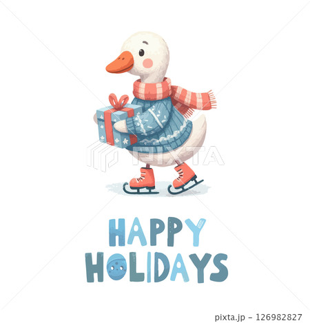 Merry Christmas and Happy New Year. Happy Holidays Vector illustrations of gosling in a sweater on skates. 126982827
