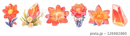 Set of 6 fantasy crystal flowers and gemstones in watercolor graphic illustration style, isolated on a transparent background. Orange color tone. Set of 6 fantasy crystal flowers and gemstones in watercolor graphic illustration style, isolated on a transparent background. Orange color tone. 126982860