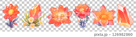 Set of 6 fantasy crystal flowers and gemstones in watercolor graphic illustration style, isolated on a transparent background. Orange color tone. 126982860