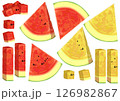 様々なカットの赤いすいかと黄色いすいか/果物イラスト素材 126982867