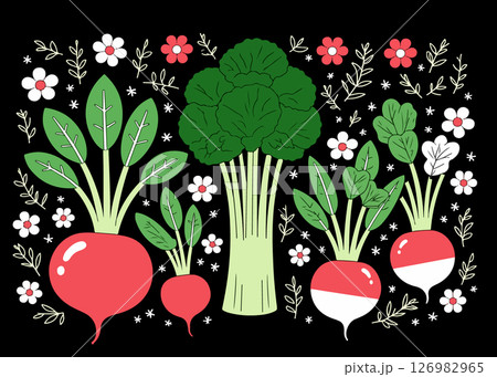 Radishes, Celery, and Floral Elements on Black Background 126982965
