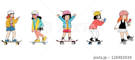 Cartoon Girls Skateboarding with Helmets Cartoon Girls Skateboarding with Helmets 126983038