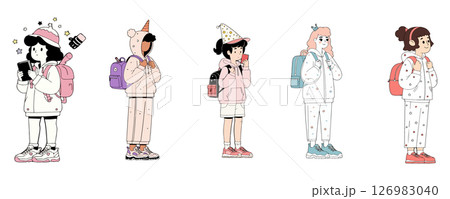 Cartoon Girls in Pajamas with Backpacks Cartoon Girls in Pajamas with Backpacks 126983040