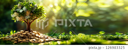 Money tree growing coins and dollars, symbolizing investment, financial growth, and success. Ideal for a finance banner with ample copy space Money tree growing coins and dollars, symbolizing investment, financial growth, and success. Ideal for a finance banner with ample copy space 126983325