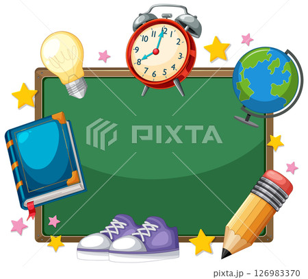 Colorful School Supplies Around Chalkboard Illustration 126983370