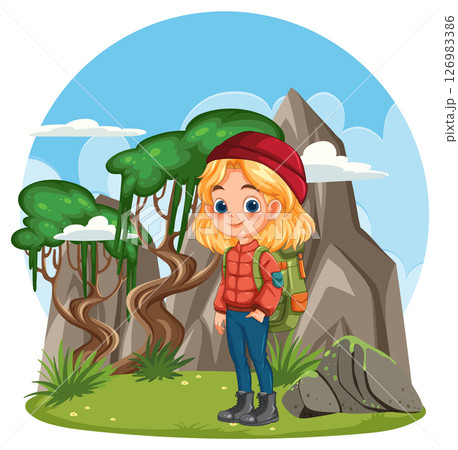 Young Girl Hiking in Mountain Landscape Young Girl Hiking in Mountain Landscape 126983386
