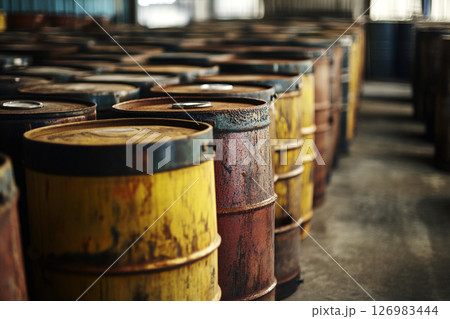 Old, rusty oil barrels stacked, serving as containers for petroleum or crude fuel storage. A collection of old, rusty drums and casks, symbolizing petroleum and crude fuel storage 126983444