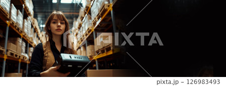 Woman scanning a barcode on a machine in a warehouse with shelving. Ideal for an accounting or logistics banner with ample copy space Woman scanning a barcode on a machine in a warehouse with shelving. Ideal for an accounting or logistics banner with ample copy space 126983493
