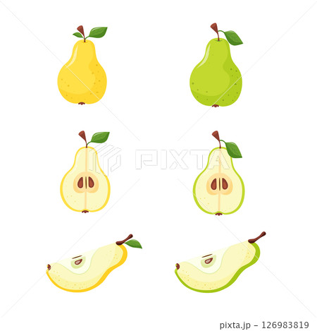 an assortment of green and yellow pears, whole pears, halved pears, and a combination of both 126983819