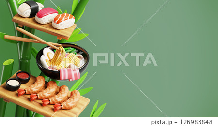 Japanese food with sushi nigiri, shrimp tempura and ramen soup. Asian rice and seafood on wood plate, noodle in bowl with sticks on green bamboo background, appetizing restaurant menu. 3D illustration 126983848